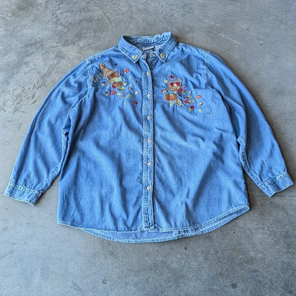 Vintage Fall Harvest Vegetable Cornucopia Embroidered Blue Denim Shirt 18W/20W